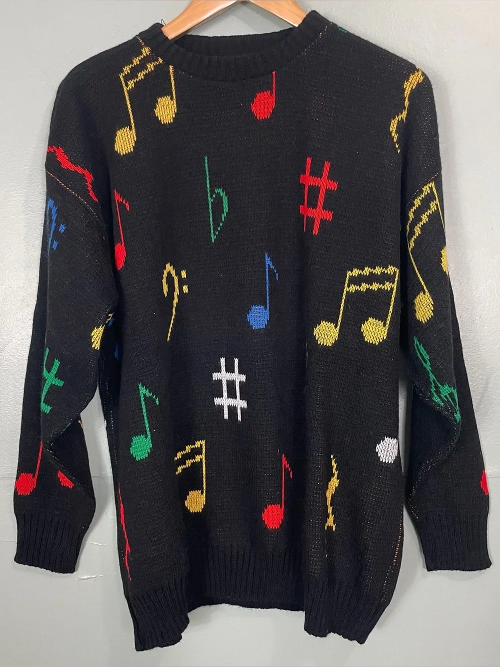 Vintage Crew Neck Sweater Music Notes Multi Color Pullover Unisex Size Large